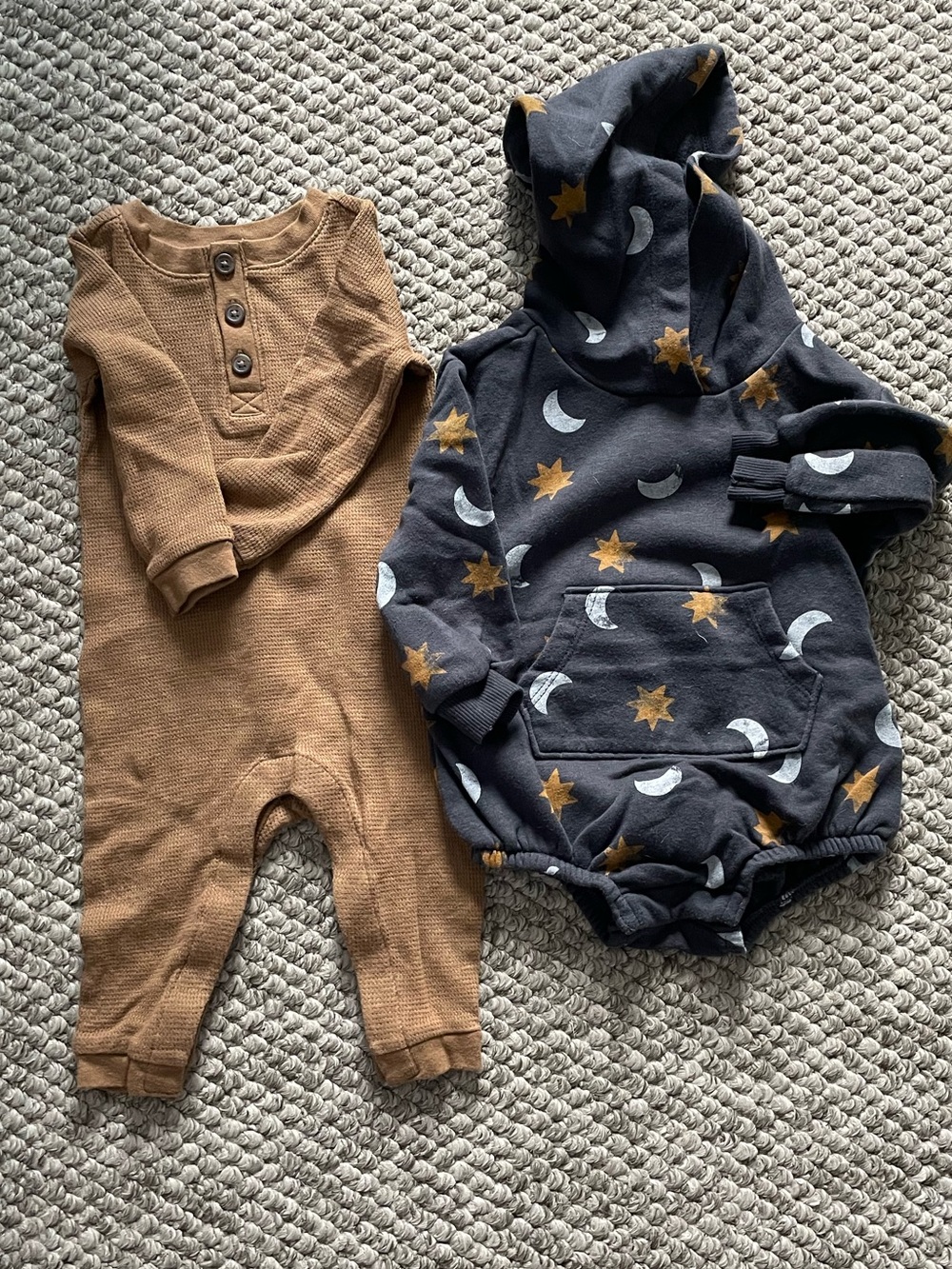 Old Navy Moon & Star Hooded Romper with Brown Thermal Henley One-Piece Set